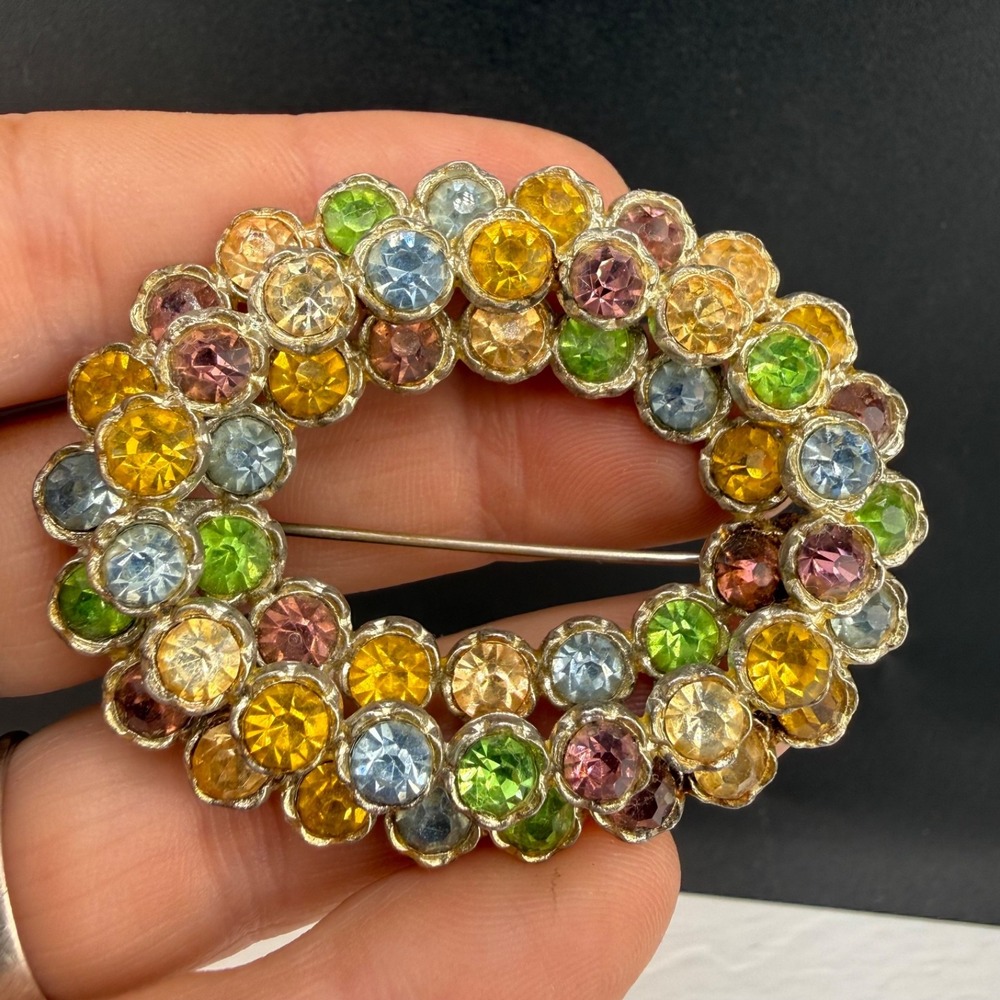 Vintage Estate Brooch Multicolor Rhinestone Oval Pot Metal Pastel Sparkle